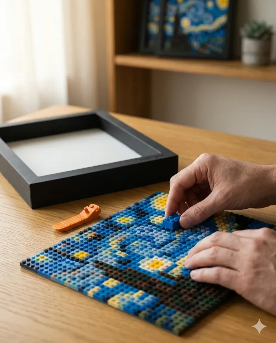 Manos armando un mosaico PixelFrame, pieza a pieza