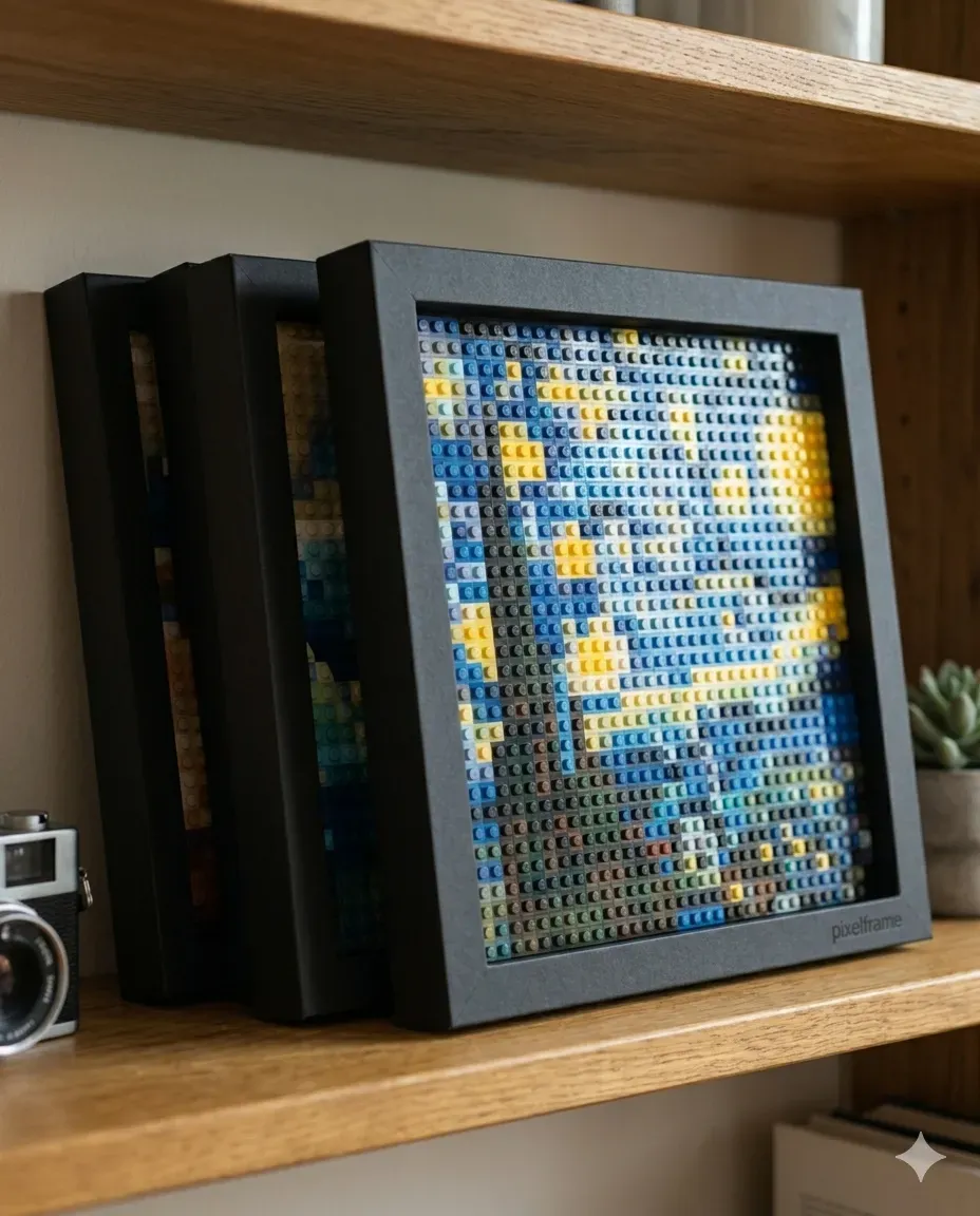 Cajas PixelFrame apiladas como vinilos
