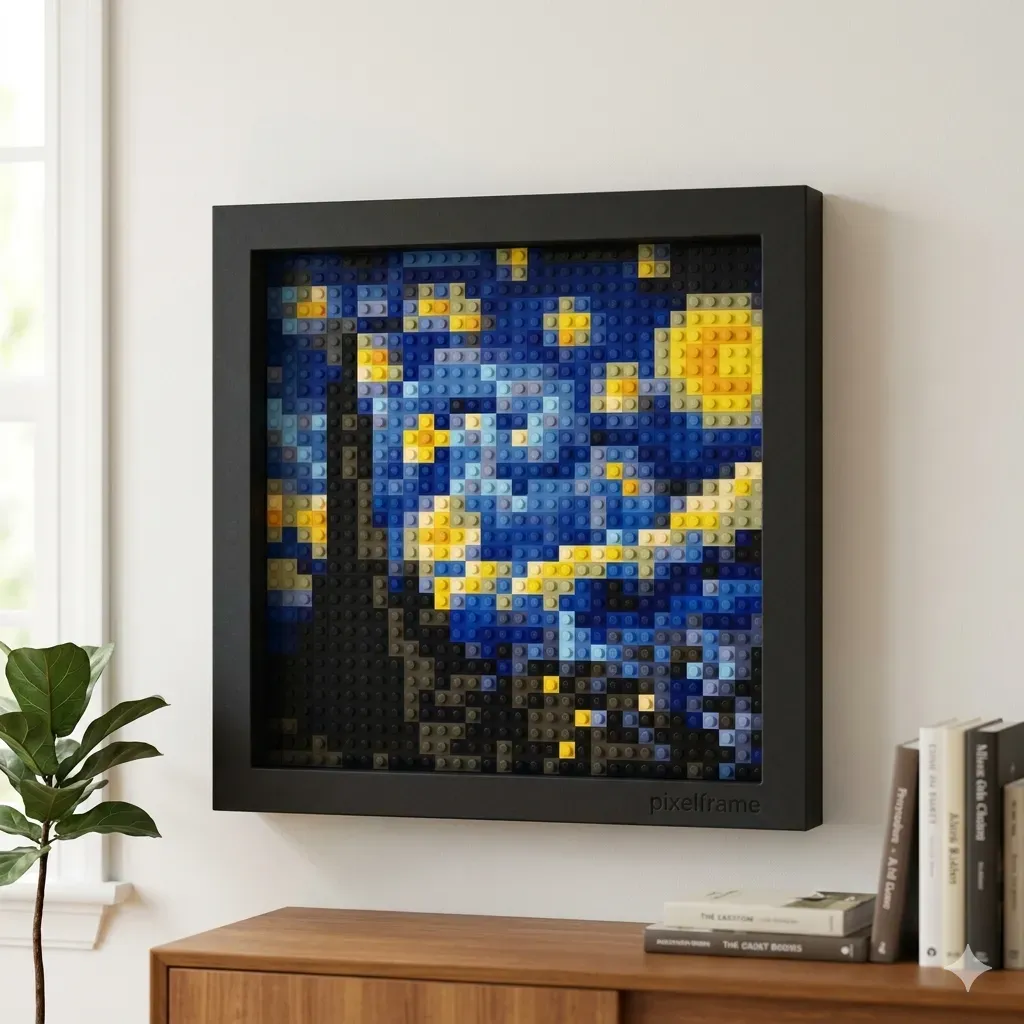Un PixelFrame terminado, colgado en la pared de un departamento
